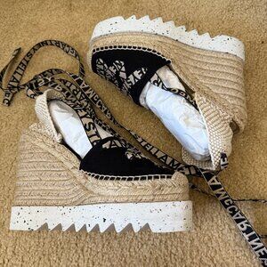 サンダル・ミュール Stella Mccartney Black Leather Espadrilles With Woven Jute Stella Mccartney Black Leather Espadrilles With Woven Jute
